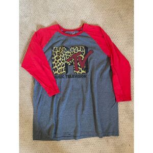 MTV Raglan Baseball Red with Cheetah Print Tagless T-Shirt Retro Rare Size XL